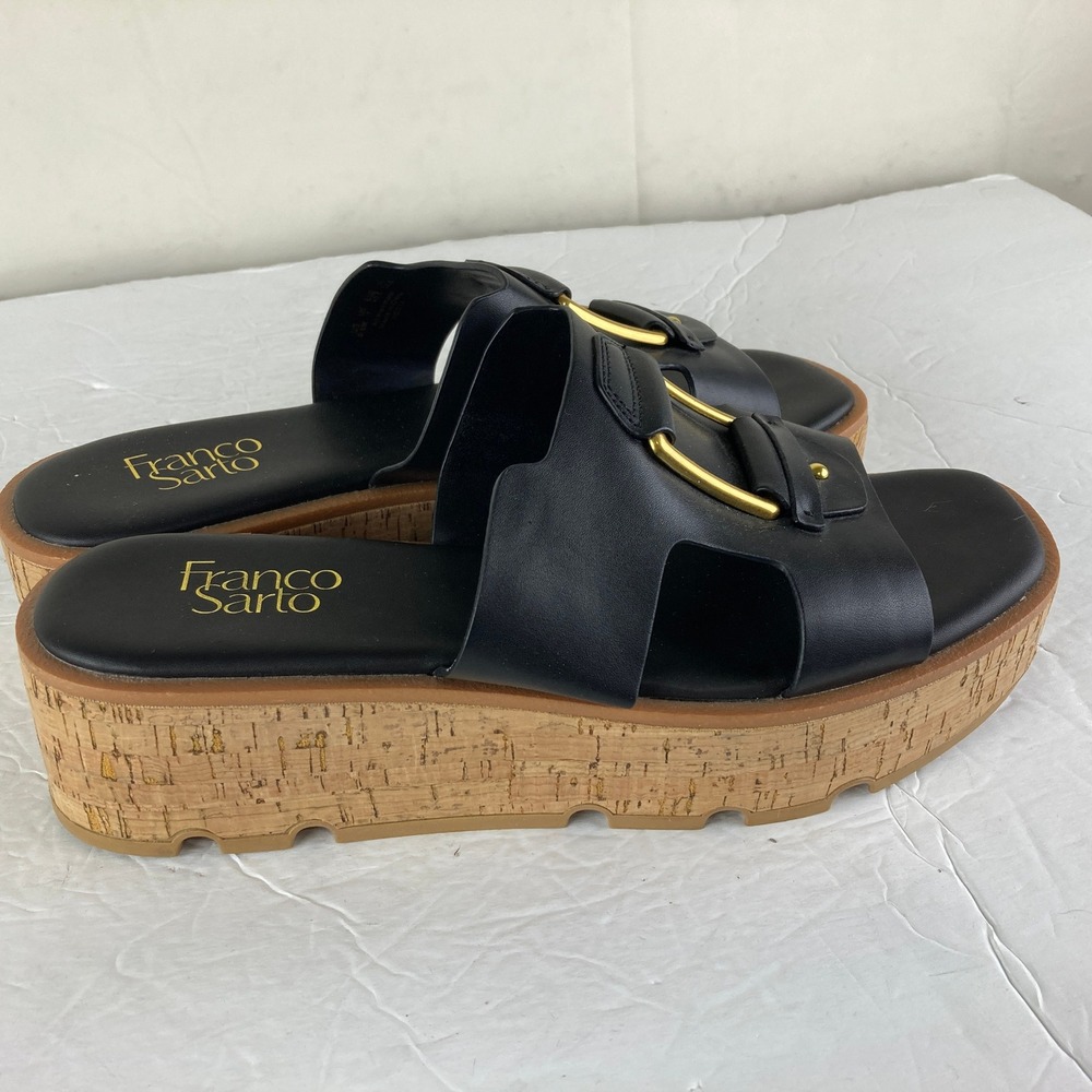 Franco Sarto Hesta Platform Sandals Womens 9.5M Black Cork Wedge Slide - Picture 4 of 8